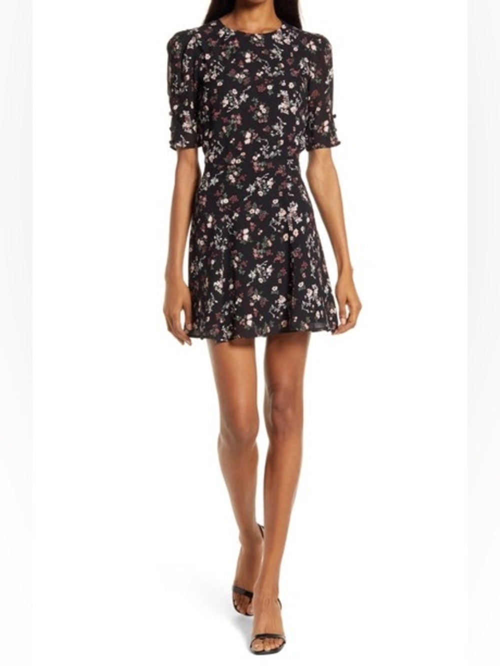 Reformation Bard Mini Dress Jolene Black Floral Women’s Size 8 Puff Sleeve